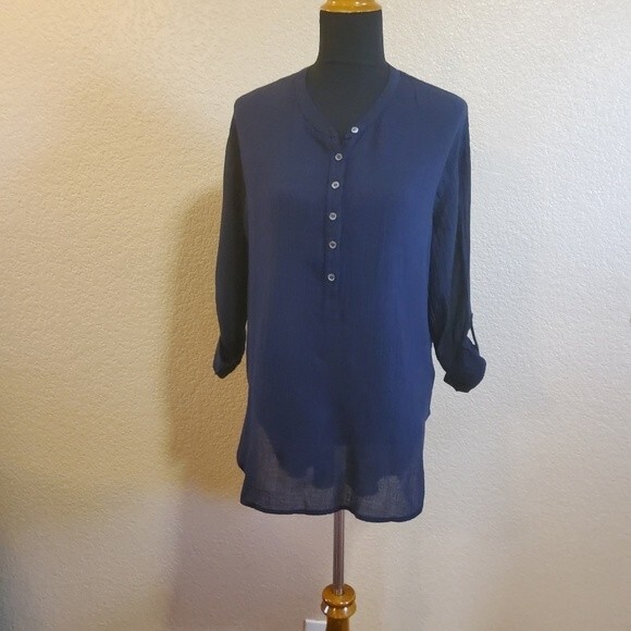 Three Dots Henley Semi Sheer Gauze Tunic Top M Navy Blue New - Picture 4 of 16